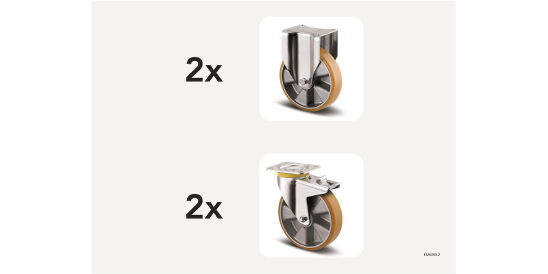 Hjulsats tunglast, 200 mm, 2 fasta 2 länkhjul med broms