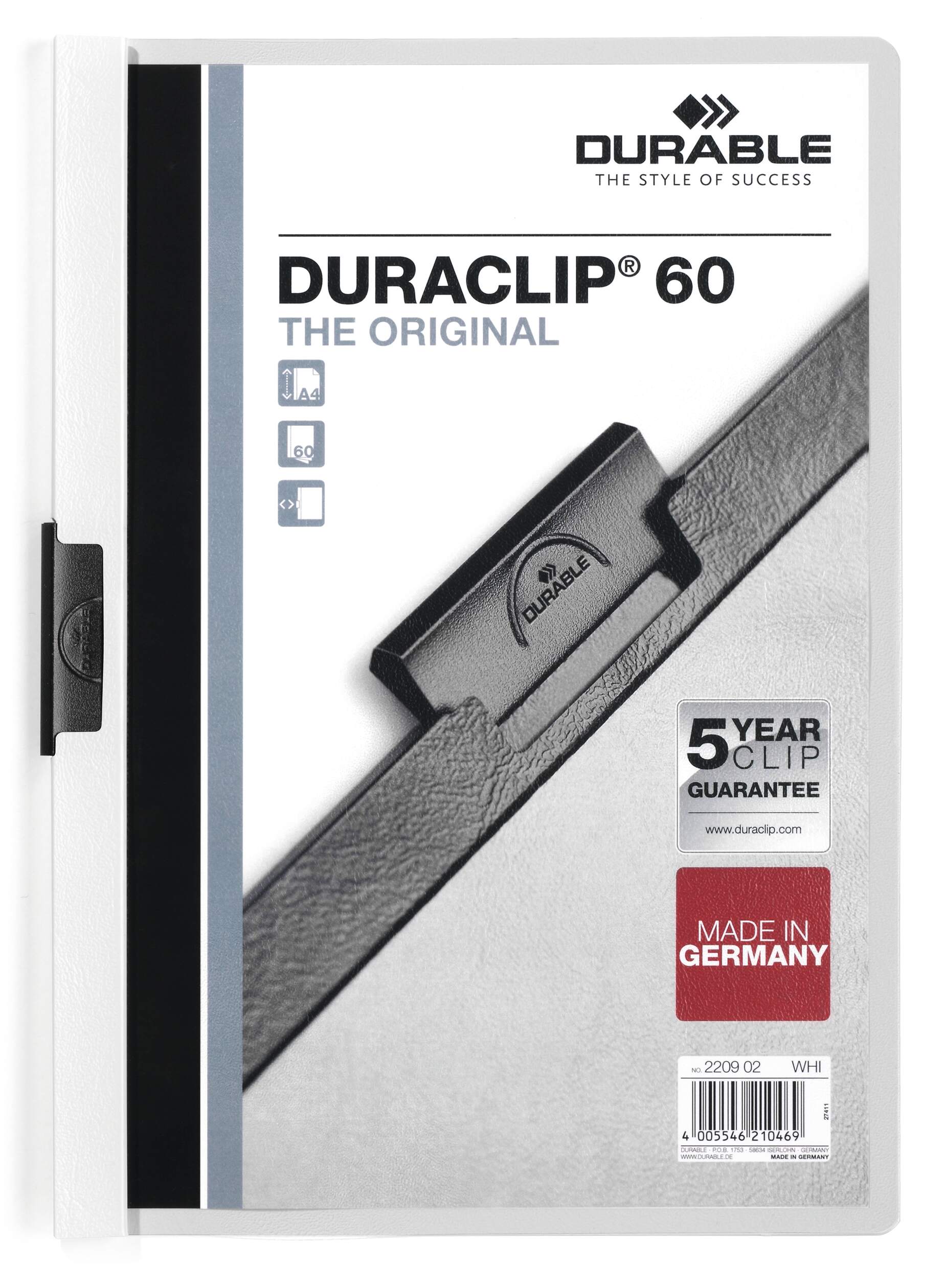 Klämmapp DURACLIP® 60 A4, 5st/påse, vit