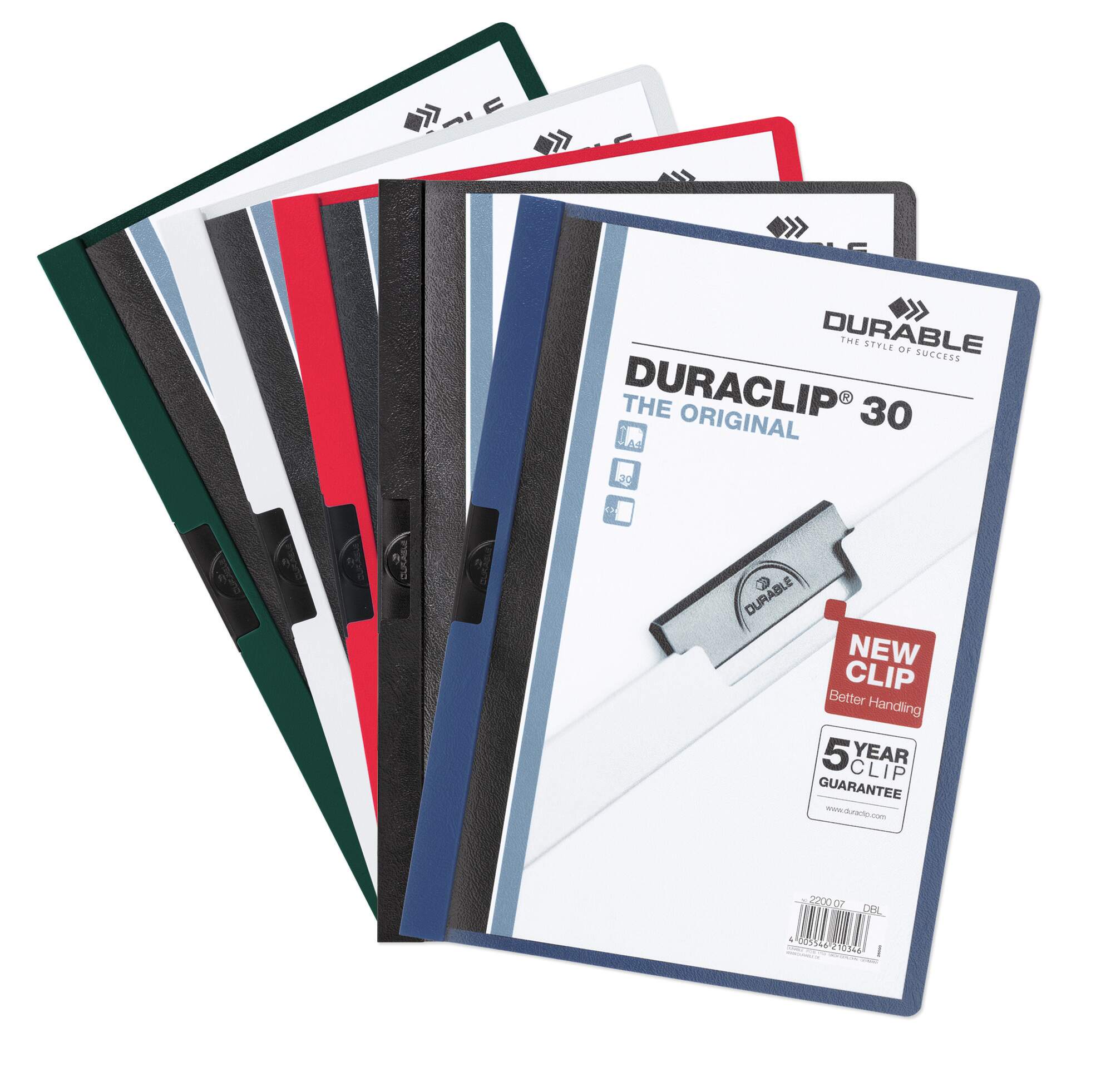 Klämmapp DURACLIP® 30 A4, 5st/påse, sorterade färger