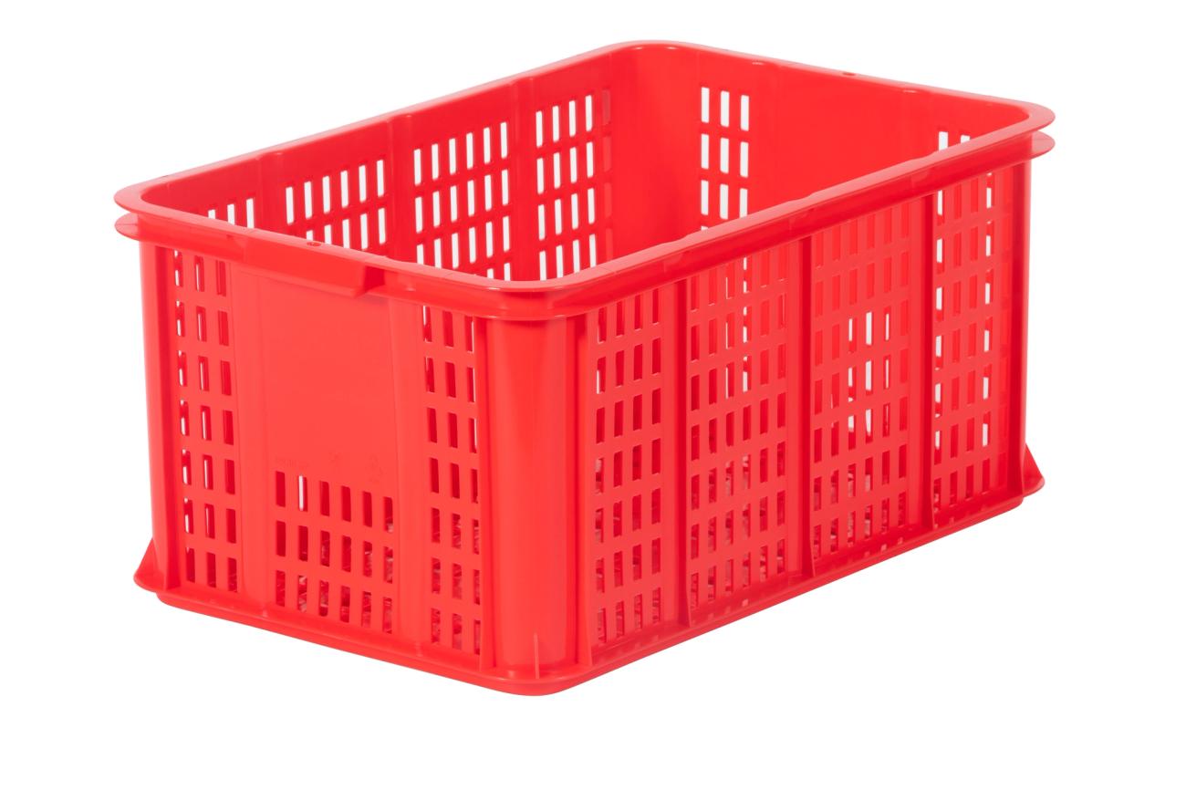 Plastback 55L, 600x400x285mm, perforerad, livsmedelsgodkänd, röd