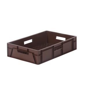 Plastback 26L, 600x400x145mm, perforerad botten, livsmedelsgodkänd, brund