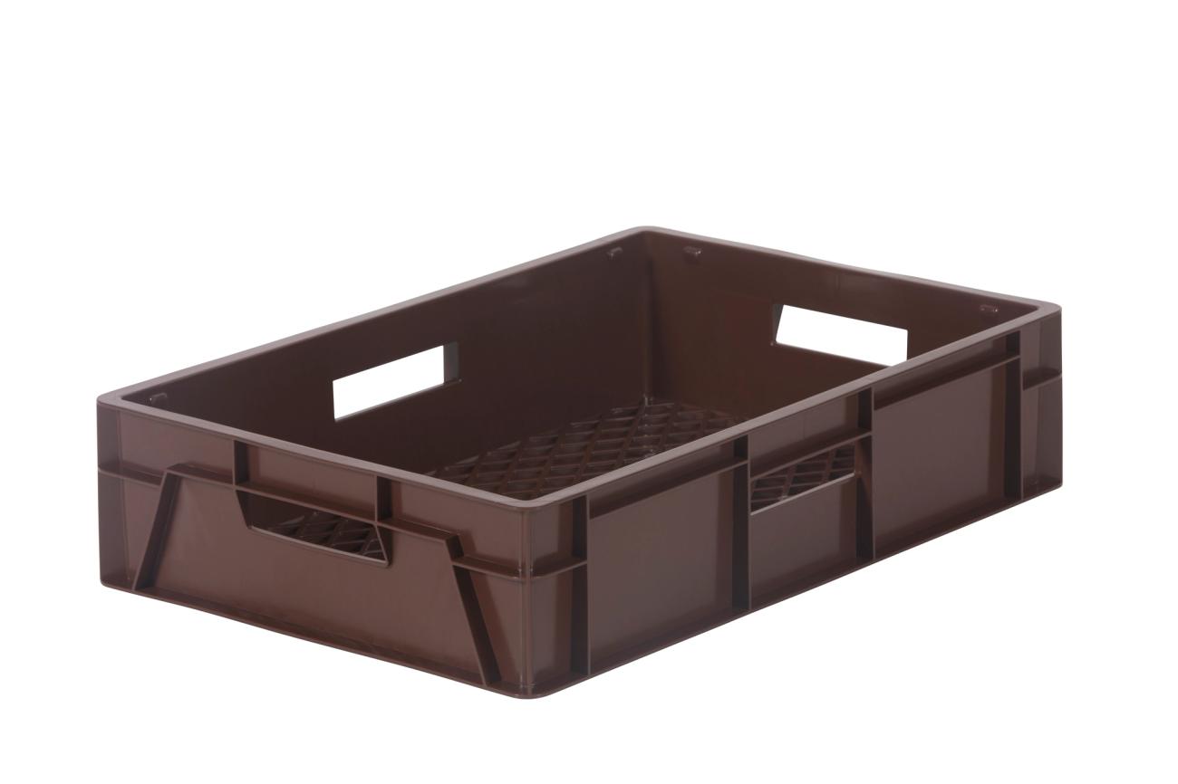 Plastback 26L, 600x400x145mm, perforerad botten, livsmedelsgodkänd, brund