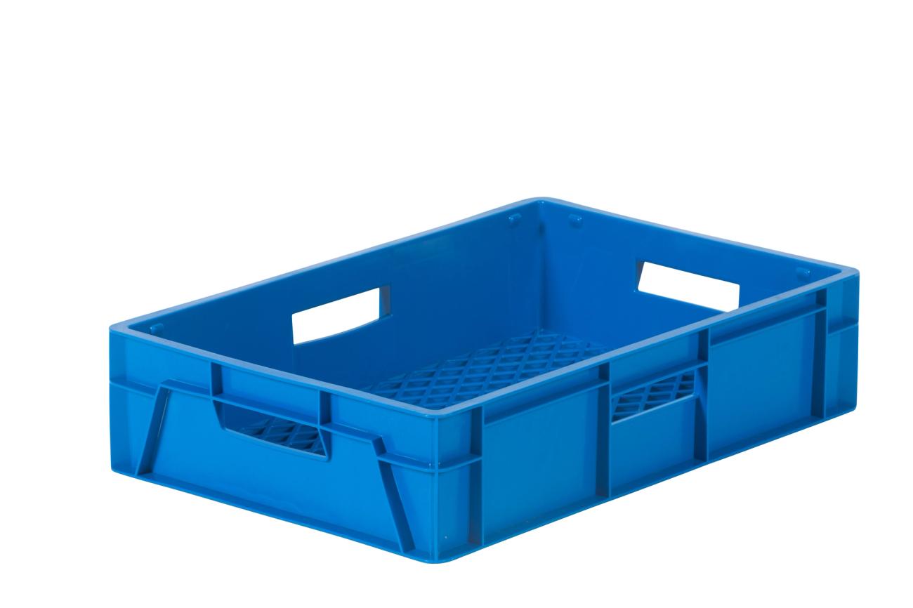 Plastback 26L, 600x400x145mm, perforerad botten, livsmedelsgodkänd, blå
